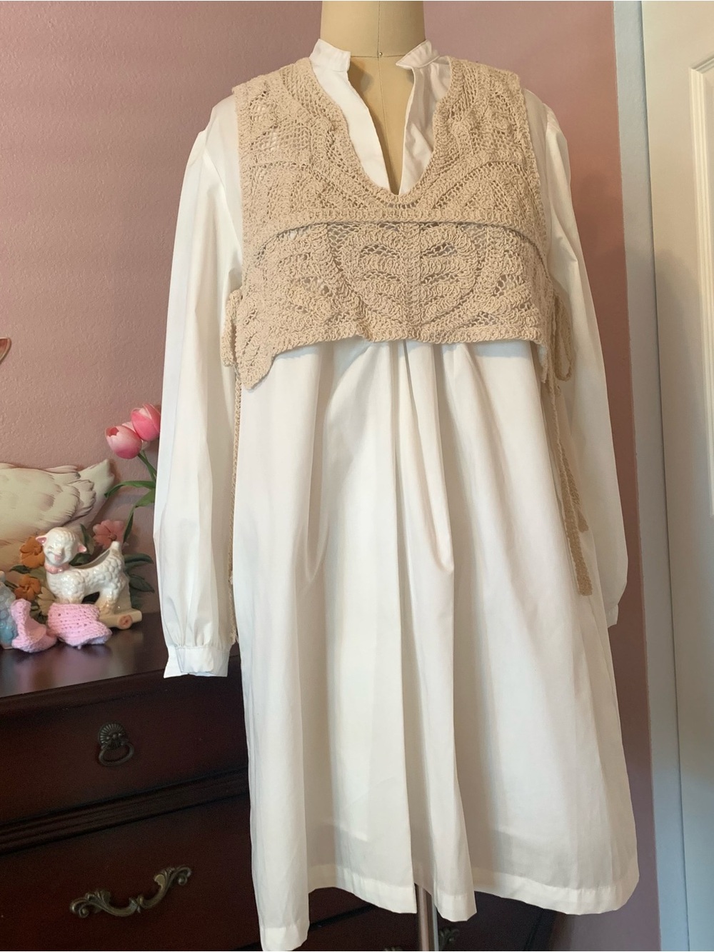 ANNIEWEAR Cream Crochet Knit Vest Over White Long Sleeve Dress